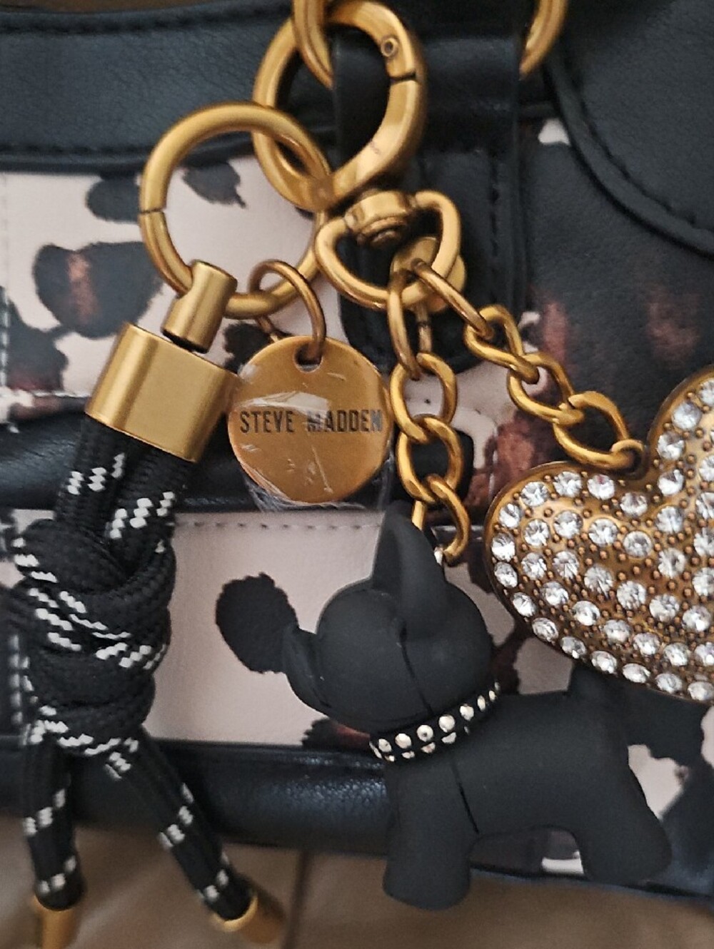 Steve Madden Black and Cream Leopard-Print Satchel with Heart Charm - Picture 3 of 6